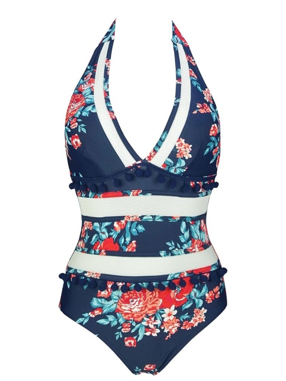 COCOSHIP Navy Floral Halter V-Neck Mesh Pom-Pom One-Piece Swimsuit Size 6